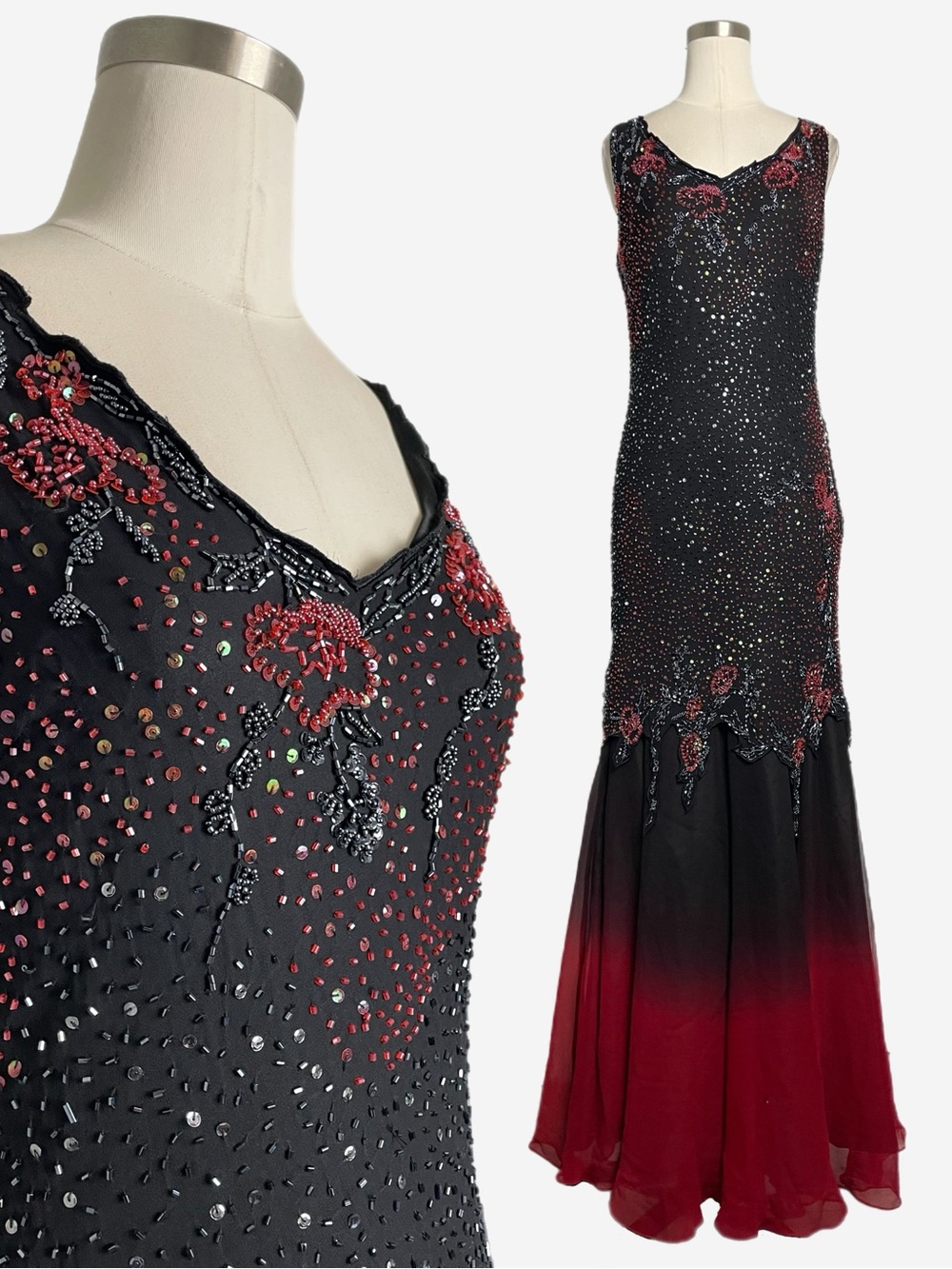 Aspeed NWT black red ombre silk floral beaded ball gown vamp romantic prom M/L